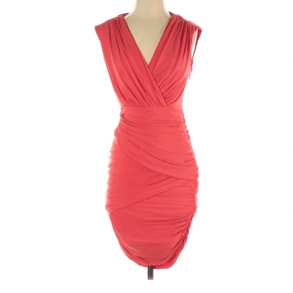 BCBGMaxAzria Lou Poppy Orange Ruched Bodycon Dress Size Small - Picture 2 of 8